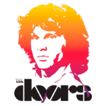 Logotipo da banda The Doors com uma silhueta estilizada em cores gradientes laranja e rosa, destacando o rosto de Jim Morrison. Ideal para fãs de rock e cultura dos anos 60.