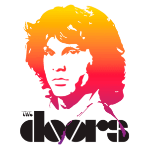 Logotipo da banda The Doors com uma silhueta estilizada em cores gradientes laranja e rosa, destacando o rosto de Jim Morrison. Ideal para fãs de rock e cultura dos anos 60.