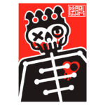 Ilustração estilizada de um esqueleto com coroa, exibindo características de um crânio e elementos gráficos marcantes. O fundo é composto por um intenso tom vermelho, complementado por detalhes em preto e branco. Design inspirado em arte de rock, associado à banda Pearl Jam.