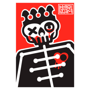 Ilustração estilizada de um esqueleto com coroa, exibindo características de um crânio e elementos gráficos marcantes. O fundo é composto por um intenso tom vermelho, complementado por detalhes em preto e branco. Design inspirado em arte de rock, associado à banda Pearl Jam.