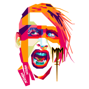 Ilustração estilizada do cantor Marilyn Manson, destacando seus traços faciais em cores vibrantes e com expressões dramáticas. A arte inclui a assinatura "Marilyn Manson" e o símbolo "MM", representando o estilo único e provocativo do artista.