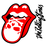 Logotipo icônico dos Rolling Stones, apresentando uma boca vermelha com a língua para fora, adornada com um desenho de caveira e ossos cruzados. Na lateral, está escrito "the Rolling Stones" em uma fonte estilizada.