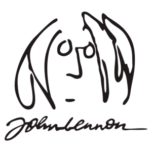 Desenho estilizado do rosto de John Lennon, famoso músico e ex-integrante dos Beatles, acompanhado de sua assinatura. Ideal para ilustrar conteúdos sobre música e cultura pop.