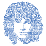 Imagem estilizada em azul formando o rosto de uma figura icônica, composta por palavras de letras de músicas conhecidas do rock dos anos 60 e 70, representando temas de amor, liberdade e introspecção. Ideal para fãs de música e cultura pop.