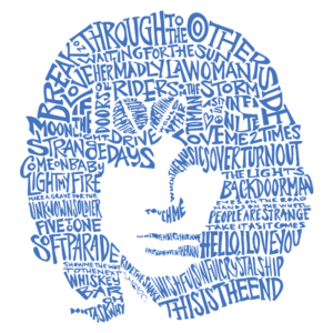 Imagem estilizada em azul formando o rosto de uma figura icônica, composta por palavras de letras de músicas conhecidas do rock dos anos 60 e 70, representando temas de amor, liberdade e introspecção. Ideal para fãs de música e cultura pop.