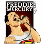 Freddie Mercury cantando no microfone, com uma expressão intensa. Ao fundo, o nome "Freddie Mercury" em destaque, junto ao logotipo da banda Queen. Ilustração vibrante que captura a energia do icônico cantor.