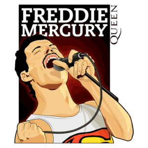 Freddie Mercury cantando no microfone, com uma expressão intensa. Ao fundo, o nome "Freddie Mercury" em destaque, junto ao logotipo da banda Queen. Ilustração vibrante que captura a energia do icônico cantor.
