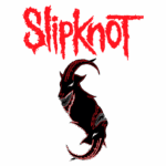 Logo da banda Slipknot, apresentando o nome em vermelho e um símbolo de cabra estilizado em preto, representando a identidade visual da banda de metal.