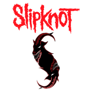 Logo da banda Slipknot, apresentando o nome em vermelho e um símbolo de cabra estilizado em preto, representando a identidade visual da banda de metal.