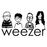 Ilustração da banda Weezer, mostrando quatro membros com óculos, em um estilo de desenho simples. Abaixo, o nome "weezer" em letras maiúsculas.