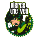 Ilustração do logotipo da banda Pierce the Veil, apresentando uma mulher com um olhar marcante, usando um capacete, rodeada por um círculo verde com dentes de engrenagem, destacando o estilo vibrante e energético da banda.