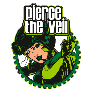 Ilustração do logotipo da banda Pierce the Veil, apresentando uma mulher com um olhar marcante, usando um capacete, rodeada por um círculo verde com dentes de engrenagem, destacando o estilo vibrante e energético da banda.