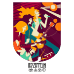 Design estilizado da banda Led Zeppelin, com os integrantes tocando instrumentos como guitarra, guitarra base e bateria, em um fundo vibrante com elementos gráficos de rock. O logotipo da banda está localizado na parte inferior da imagem.