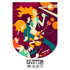 Design estilizado da banda Led Zeppelin, com os integrantes tocando instrumentos como guitarra, guitarra base e bateria, em um fundo vibrante com elementos gráficos de rock. O logotipo da banda está localizado na parte inferior da imagem.