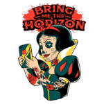 Desenho digital de uma personagem feminina inspirada na Branca de Neve, com tatuagens e estilo 'dia dos mortos', segurando um smartphone. O fundo apresenta o nome da banda Bring Me The Horizon em letras estilizadas.