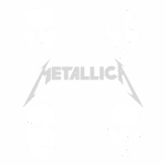 Logotipo da banda Metallica com silhuetas de cinco integrantes em fundo branco, representando a icônica formação da banda de metal.