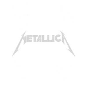 Logotipo da banda Metallica com silhuetas de cinco integrantes em fundo branco, representando a icônica formação da banda de metal.