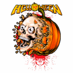 Ilustração de uma abóbora com um crânio em seu interior, explodindo em pedaços e sprays de sangue. O título "HALLOWEEN" aparece em cima, destacando o tema sombrio e festivo da arte. Ideal para merchandise de Halloween.