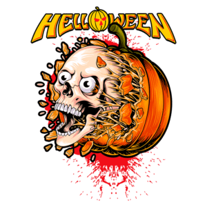 Ilustração de uma abóbora com um crânio em seu interior, explodindo em pedaços e sprays de sangue. O título "HALLOWEEN" aparece em cima, destacando o tema sombrio e festivo da arte. Ideal para merchandise de Halloween.
