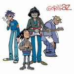 Imagem dos membros da banda virtual Gorillaz, incluindo 2D, Murdoc, Noodle e Russel, em estilo de animação, com cada personagem apresentando um visual distinto. Eles estão posicionados em pé, com 2D segurando um cigarro e Noodle com uma guitarra. O logotipo da banda aparece no canto superior direito.