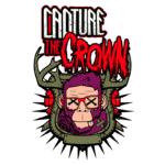Ilustração de um macaco estilizado com óculos, cercado por chifres e elementos gráficos, com o texto "Capture the Crown" em destaque. Design vibrante e moderno, ideal para apelo visual em mídias sociais e produtos relacionados à cultura pop.