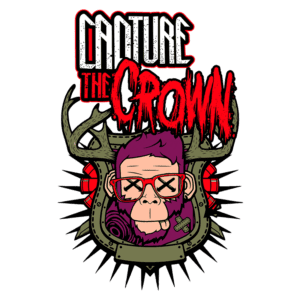 Ilustração de um macaco estilizado com óculos, cercado por chifres e elementos gráficos, com o texto "Capture the Crown" em destaque. Design vibrante e moderno, ideal para apelo visual em mídias sociais e produtos relacionados à cultura pop.