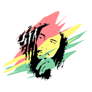 Ilustração artística de um homem com cabelo rastafári, sobre um fundo vibrante nas cores da bandeira da Jamaica: vermelho, amarelo e verde. Esta imagem evoca a cultura reggae e a mensagem de paz e amor associada a esse estilo musical.