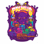 Ilustração vibrante do jogo "Primus", apresentando um personagem demoníaco central cercado por criaturas coloridas em copos, com os números "Hits 09" e "Score 23" destacados. O design é moderno e chamativo, ideal para jogadores e fãs de arte gráfica.