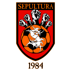 Logo da banda Sepultura, lançada em 1984, apresentando um design que combina elementos de punhos levantados e uma bola de futebol, simbolizando força e rebeldia.