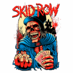 Ilustração de um esqueleto vestindo uma roupa azul e um chapéu, segurando dados e cartas em um ambiente sombrio com uma mansão ao fundo. O texto "SKID ROW" está destacado em vermelho no topo da imagem.