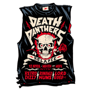 Camiseta do evento "Death Panthers Relapse" com ilustração de uma caveira e rosa, destacando bandas como Retro, Dizzy, Runaway Nuns e Lord Gugi. Data: 12 de abril, local Hectic on Hope.