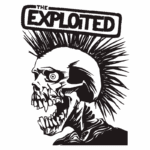 Ilustração do logo da banda punk The Exploited, apresentando um crânio com cabelos espetados e uma expressão feroz. O design em preto destaca os elementos góticos e a estética punk, refletindo a identidade única da banda.