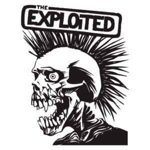 Ilustração do logo da banda punk The Exploited, apresentando um crânio com cabelos espetados e uma expressão feroz. O design em preto destaca os elementos góticos e a estética punk, refletindo a identidade única da banda.