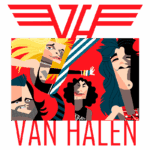 Ilustração estilizada da banda Van Halen, apresentando os integrantes em traços vibrantes e coloridos, com o logotipo da banda em destaque no topo.