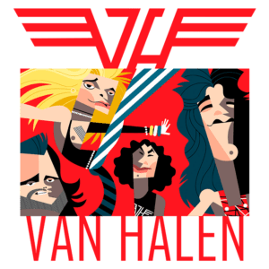 Ilustração estilizada da banda Van Halen, apresentando os integrantes em traços vibrantes e coloridos, com o logotipo da banda em destaque no topo.