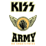 Logotipo da banda KISS com a frase "KISS ARMY" e a expressão "NO SUBSTITUTES", apresentando uma mão com asas em um círculo, simbolizando a comunidade de fãs da banda.