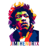 Retrato estilizado e colorido de Jimi Hendrix, famoso guitarrista e ícone do rock, com destaque para seu cabelo característico e expressão pensativa.