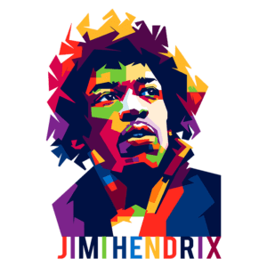 Retrato estilizado e colorido de Jimi Hendrix, famoso guitarrista e ícone do rock, com destaque para seu cabelo característico e expressão pensativa.