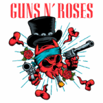 Ilustração do logotipo da banda Guns N' Roses, apresentando uma caveira vermelha com um lenço azul e um chapéu preto, segurando revólveres e cercada por rosas, simbolizando o estilo rock e a estética única da banda.