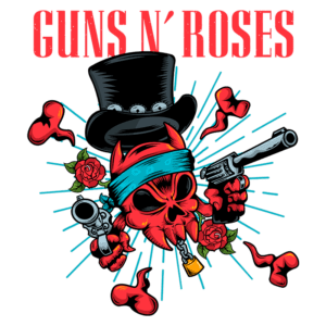 Ilustração do logotipo da banda Guns N' Roses, apresentando uma caveira vermelha com um lenço azul e um chapéu preto, segurando revólveres e cercada por rosas, simbolizando o estilo rock e a estética única da banda.