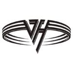 Logotipo da banda de rock Van Halen, apresentando as letras "VH" estilizadas em preto, cercadas por uma faixa circular.