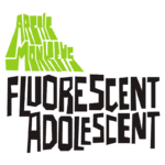 Logotipo da música "Fluorescent Adolescent" da banda Arctic Monkeys, com design gráfico moderno em cores verde neon e preto, destacando elementos de estilo retro e urbano.