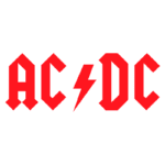 Logotipo da banda de rock AC/DC em vermelho sobre fundo transparente, representando o estilo energético e icônico do grupo.