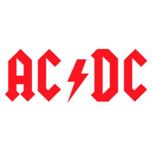 Logotipo da banda de rock AC/DC em vermelho sobre fundo transparente, representando o estilo energético e icônico do grupo.