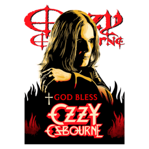 Imagem de Ozzy Osbourne, músico icônico do rock, com cabelo longo e expressão intensa, acompanhada do texto "God Bless Ozzy Osbourne" em fontes dramáticas, contra um fundo vermelho e preto, simbolizando sua relação com a cultura do heavy metal.