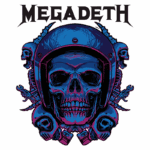 Logotipo da banda Megadeth com uma ilustração vibrante de um crânio usando um capacete, rodeado por elementos de temática militar e esqueletos, com cores azul e roxa.
