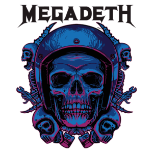 Logotipo da banda Megadeth com uma ilustração vibrante de um crânio usando um capacete, rodeado por elementos de temática militar e esqueletos, com cores azul e roxa.
