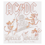Imagem de capa da música "Hell's Bells" da banda AC/DC, apresentando esqueletos em uma cena de tema infernal com um sino e a frase "I got my bell gonna take ya to hell". O design contém cores escuras e elementos de rock.
