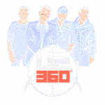 Membros da banda U2 posando juntos com o logotipo da turnê 360º.