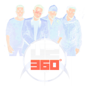 Membros da banda U2 posando juntos com o logotipo da turnê 360º.